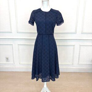 Cremieux Navy‎ Blue Eyelet Lace Midi Dress Short Sleeve Fit & Flare Size 2